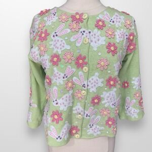 VTG Philip & Jane Gordon Green Pink Bunny Spring Easter Cardigan‎ Sweater Small